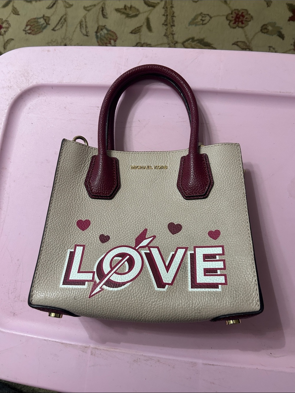 Michael Kors Beige and Burgundy 'LOVE' Leather Satchel